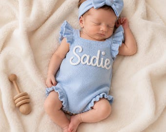 Personalized Newborn Ruffle Romper, Custom Hand Embroidered Name Onesie, Cotton Newborn Outfit, Cake Smash Outfit, Coming Home Outfit, Gift