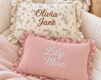 Custom Embroidered Baby Name Pillow, Personalized Ruffle Nursery Cushion, Kids Nursery Decor Pillow, Baby Room Decor, Newborn Gift