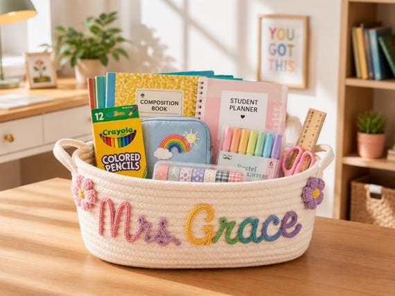 Personalized Teacher Basket, Custom Teacher Name Storage Basket, Back to School Gift, End of Year Teacher Gift, Classroom Organizer Bin
