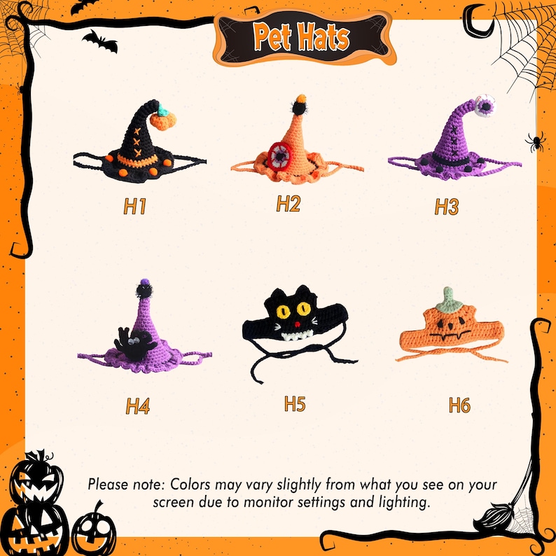 May include: A collection of six Halloween-themed pet hats. The hats are crocheted in various colors, including black, orange, and purple. Some hats feature pumpkin and cat designs. The text "Pet Hats" is at the top.