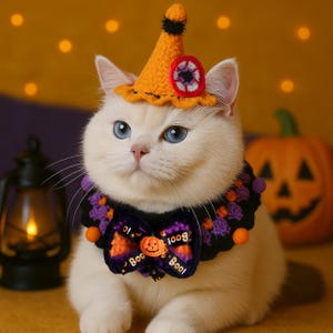 May include: A white cat with blue eyes wearing a Halloween costume. The costume includes an orange witch hat and a black collar with a bow tie that says "Boo!" and has a pumpkin design. A carved pumpkin is in the background.