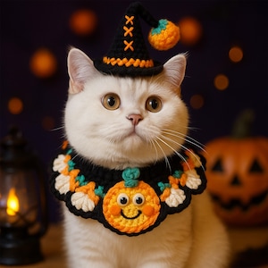Może przedstawiać: Biały kot w czarnym i pomarańczowym kapeluszu czarownicy na Halloween i pasującym kołnierzu z uśmiechniętym wzorem dyni. Kot znajduje się na tle rozmytego tła z dynią i zapaloną latarnią.