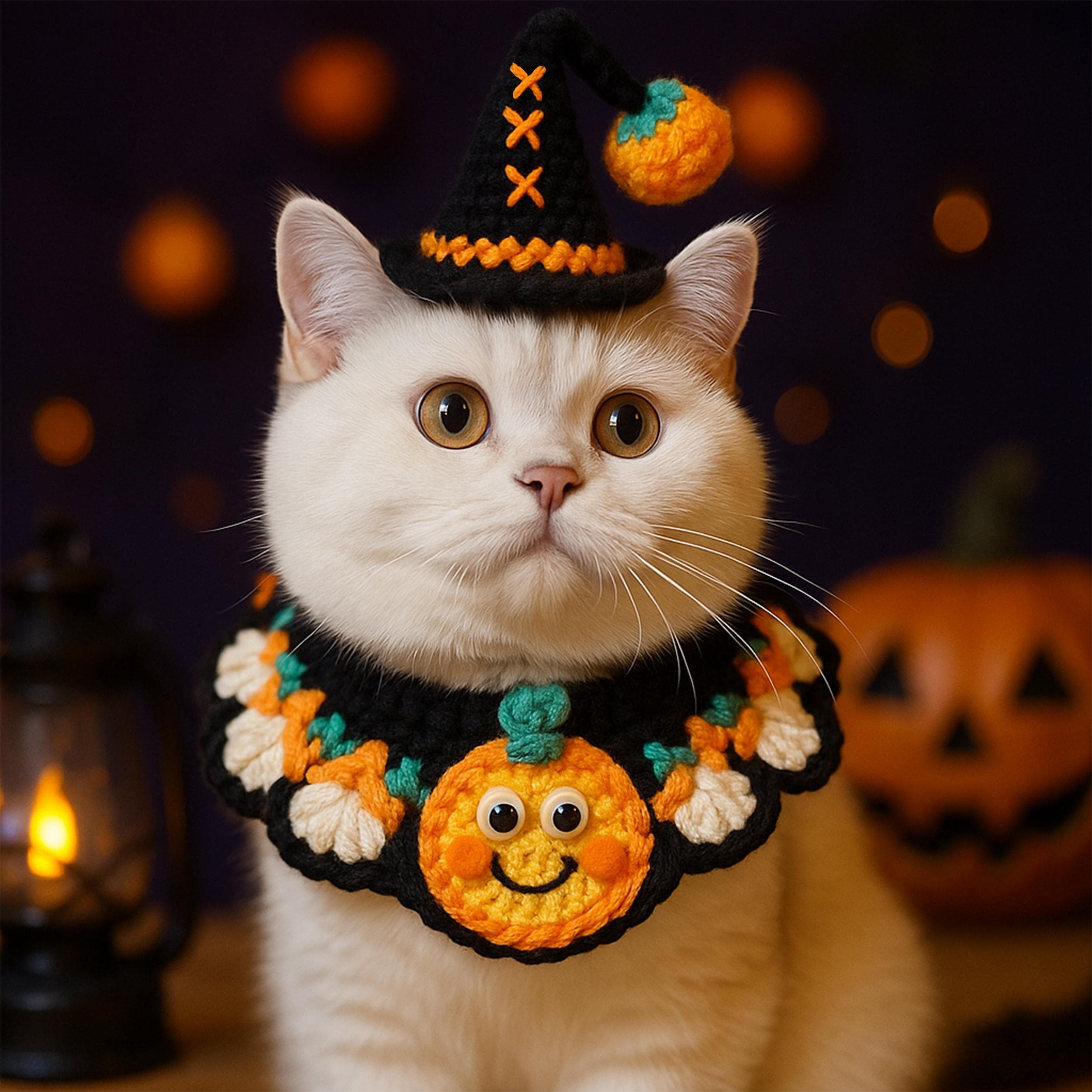 Halloween Pet Costume Gift, Handmade Knit Hat & Collar, Pet Bow