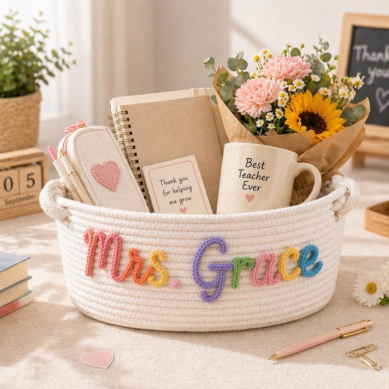 May include: A white rope basket featuring the name Mrs. Grace stitched in colourful yarn letters. Inside are a spiral notebook, a pencil case with a pink heart, a card reading Thank you for helping me grow, and a mug labelled Best Teacher Ever with a bouquet.