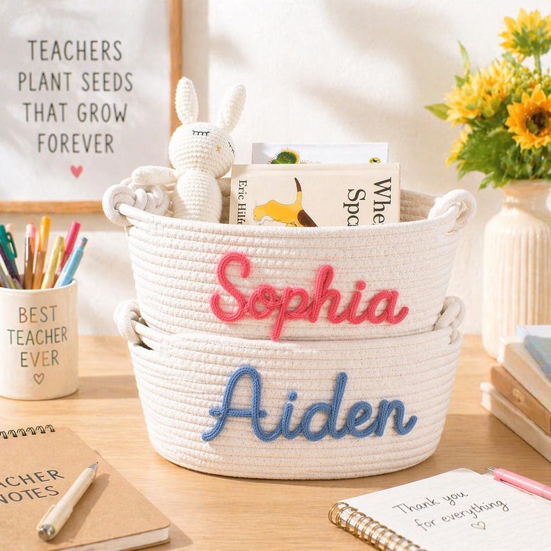 May include: Two stacked off-white woven rope baskets with integrated handles. The top basket features the name Sophia in pink cursive yarn lettering, and the bottom basket features the name Aiden in blue cursive yarn lettering.
