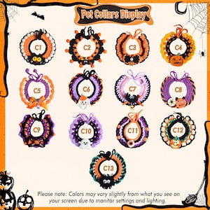 May include: A display of thirteen Halloween-themed pet collars. The collars are crocheted in various colors, including orange, black, purple, and white, and feature decorative elements like pumpkins, spiders, and ghosts. The text "Pet Collars Display" is at the top.