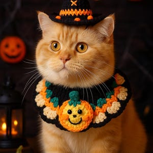 May include: An orange cat wearing a black crochet witch hat with orange accents and a matching pumpkin collar. The cat is the focal point, with Halloween-themed decorations in the background, including jack-o'-lanterns and a lantern.
