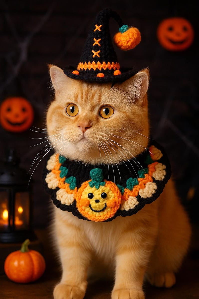 May include: An orange cat wearing a black crochet witch hat with orange accents and a matching pumpkin collar. The cat is the focal point, with Halloween-themed decorations in the background, including jack-o'-lanterns and a lantern.