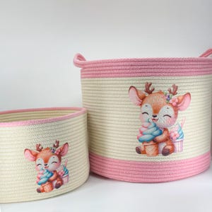 Handmade Baby Shower Gift, Custom Name Basket with Animal Design – Toy Storage – Cotton Rope Nursery Gift for Kids Room, First Birthday Gift