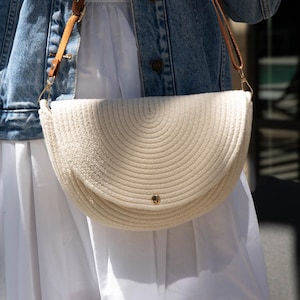 Mini sac à bandoulière écologique - Sac en corde de coton beige fait main aux États-Unis, petit sac à main pour femme, cadeau de tous les jours pour elle, style crochet bohème