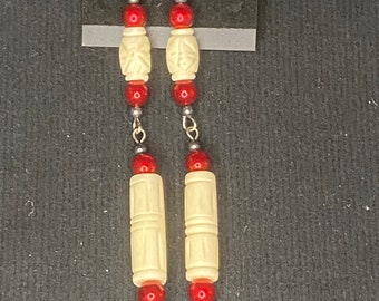 Long Carved Bone Earrings with Glass Bead