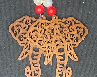 Stained Wood Elephant with Red and Silver Beads