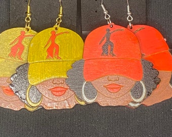 Delta Sigma Theta Wood Earrings Lady of Fortitude on Gold Hat