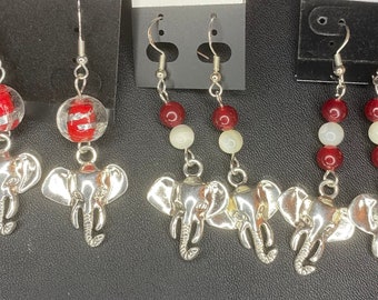 Metal Elephant Head with Red and Silver Glass Bead or Mother of Pearl and Quartz Earrings