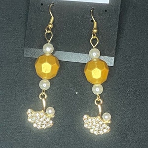 Gold Beaded and Pearl Earrings with Diamond Rhinestones