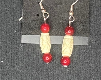 Carved Bone Earrings with Glass Bead