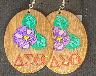 Delta Sigma Theta African Violet Painted and Stained Wood Earrings with Greek Letters