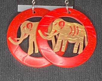 Stained Elephant in Red Circle Earrings