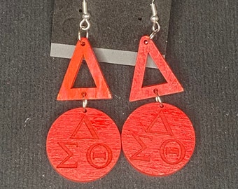 Delta Sigma Theta Red Wood Earrings with Greek Letters and Triangle