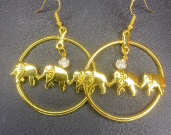 Three Gold Marching Elephants with Rhinestone