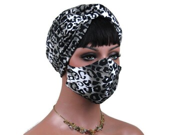 Grey and Black Turban and Full Face Mask with Nose Wire Set, Leopard Print Animal Print, Twist Fashion Turban, Retro Turban Hat, Full Turban