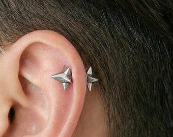 Spike Star Barbell Earrings | Stainless Steel Screw Back Studs | Punk Goth Rock Style Cartilage Tragus Helix Piercing Jewelry