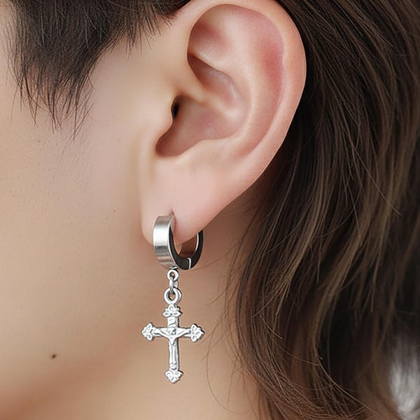 Stainless Steel Cross Dangle Hoop Earrings for Men, Crucifix Charm Hoops, Religious Jewelry, Huggie, Gothic Gift