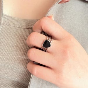 Oxidized Sterling Silver Heart Ring: Adjustable Unisex Punk Jewelry