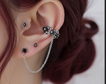 Titan Stahl Gothic Kreuz Ketten Ohrmanschette - Unisex Punk Ohrclip mit schwarzem Stein, Single Piercing Nicht-Anlauf Schmuck