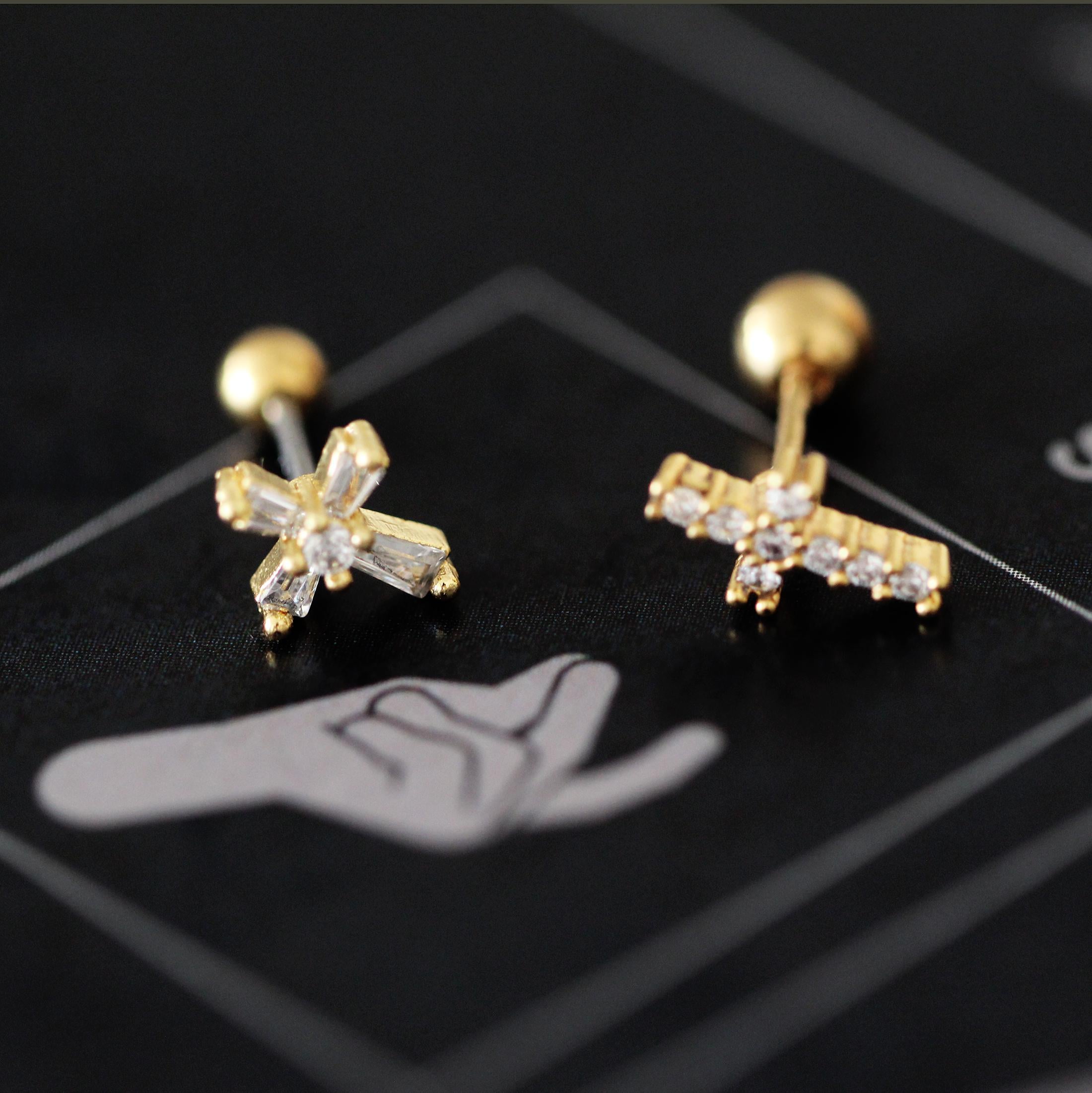Gold Star & Cross Stud Earring: Surgical Steel Piercing, 0.8mm 