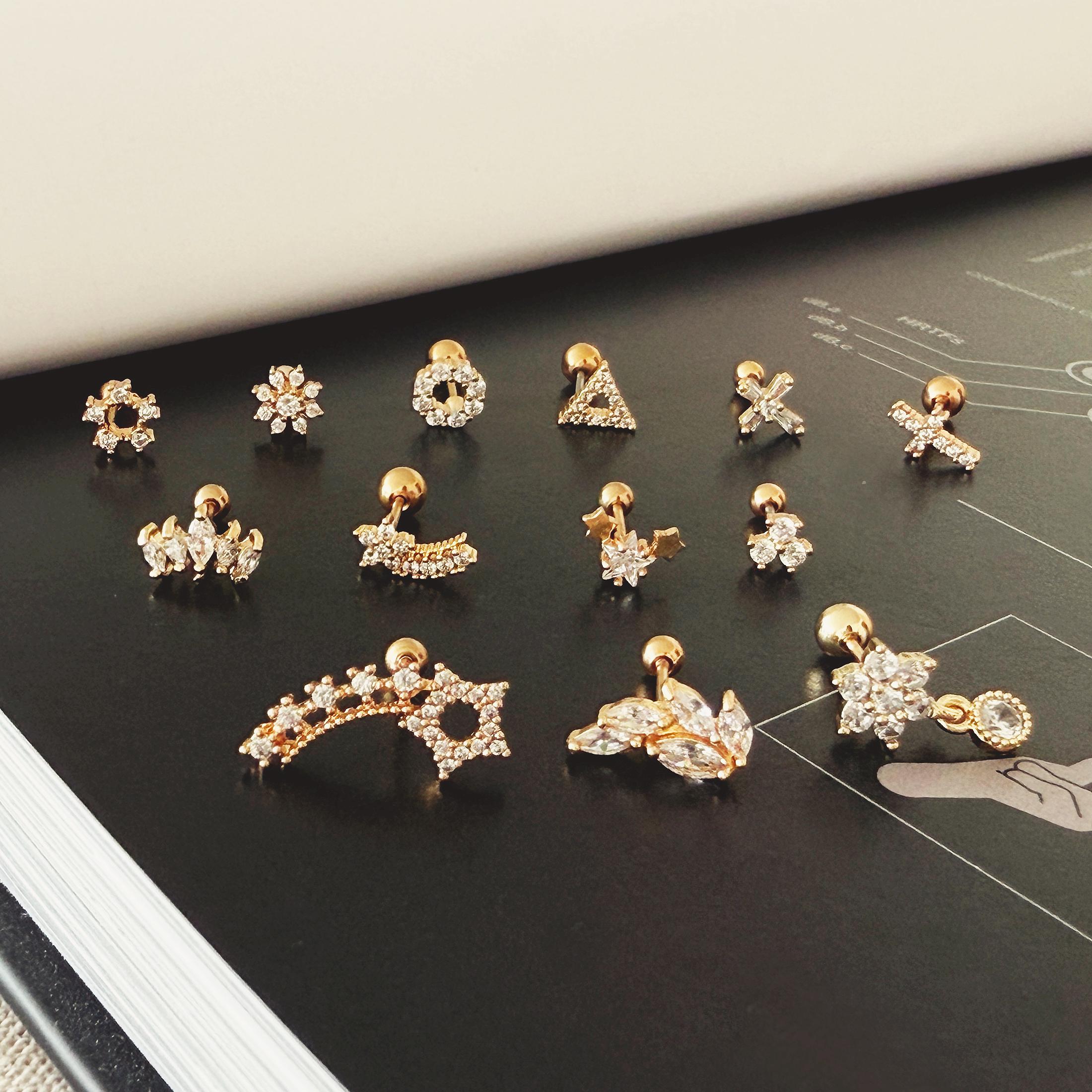 Gold Star & Cross Stud Earring: Surgical Steel Piercing, 0.8mm 