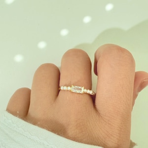 Minimalist Sterling Silver Zircon & Pearl Open Ring - Adjustable
