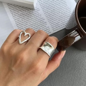925 Sterling Silber Herz Ring | breiter geometrischer Ring | Verstellbarer offener Herzring | Statement Minimalist Ring | Einzigartige zierliche wasserdicht