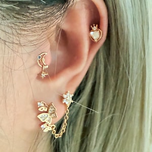 16/20G Butterfly Double Lobe Piercing Earring / Moon Dangle Cartilage Earring /Heart Conch Earring / Tragus Dangle Helix Stud / Cute Earring