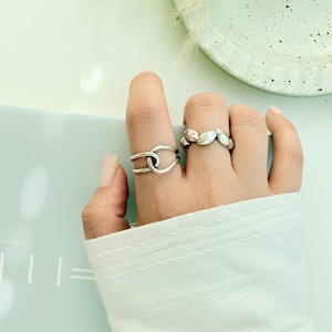 Sterling Silver Geometric Leaf Wrap Ring: Adjustable Open Band