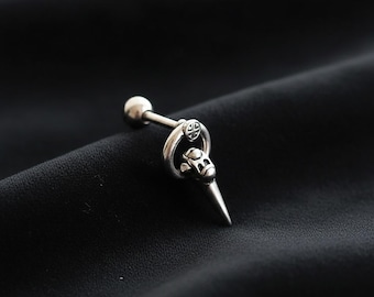 Gothic Skull Spike Dangle Screw Back Earrings | Cool Stainless Steel Stud for Pierced Ears | Unique Cartilage or Lobe Jewelry