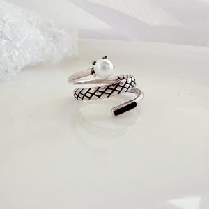 Oxidized Sterling Silver Snake Ring: Drip Glaze Pearl, Adjustable Boho Ring