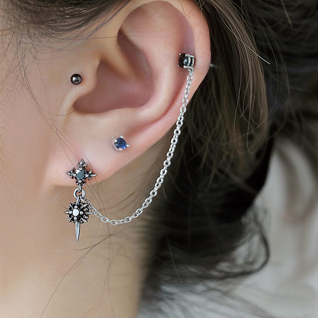 Gothic Cross Chain Earrings – Titanium Steel Double Piercing Stud, Unisex Punk Non-tarnish Jewelry - Etsy Japan