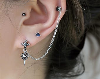 Gothic Cross Chain Earrings – Titanium Steel Double Piercing Stud, Unisex Punk Non-Tarnish Jewelry