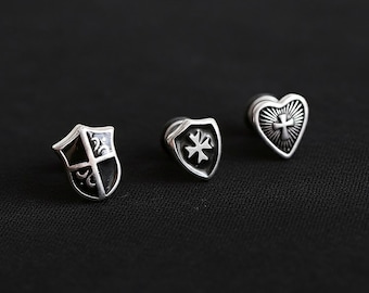 Stainless Steel Shield Heart Cross Stud Earrings | Screw Back Post | Maltese Cross Gothic Cartilage Tragus Men's Jewelry