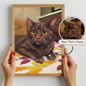 Custom Cartoon Pet Portrait on Framed Canvas – Whimsical Cat or Dog Illustration from Your Photo with Name & Background, Personalized Gift