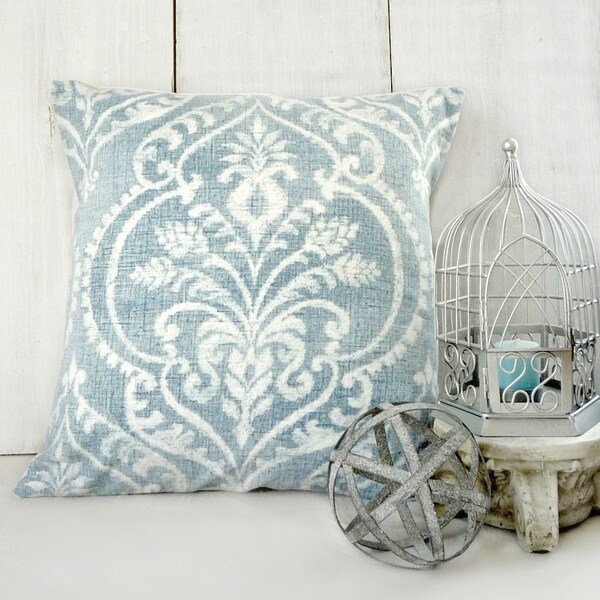French Farmhouse Pillow Cover. Soft Blue Damask Cottage Pillow.