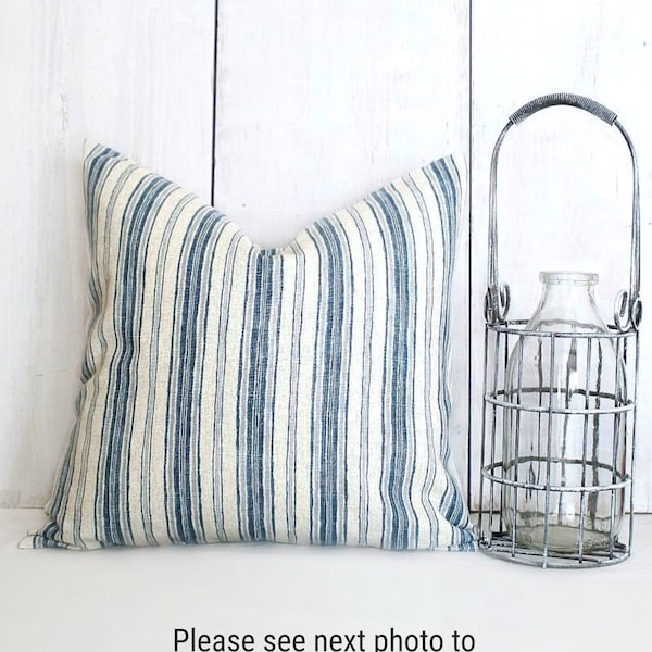 Blue Stripe Pillow Cover - Denim Blue, Beige and Gray Throw Pillow - Farmhouse Cottage Style