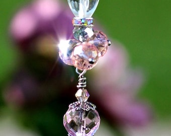 Crystal Car Charm - Pink Beaded Suncatcher - Crystal Prism Sun catcher - Pink Crystal Ornament - Pink Fan Light Pull