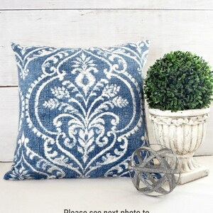 Denim Blue Damask Pillow Cover. Throw Pillow for Shabby Cottage, Farmhouse, Beach Style