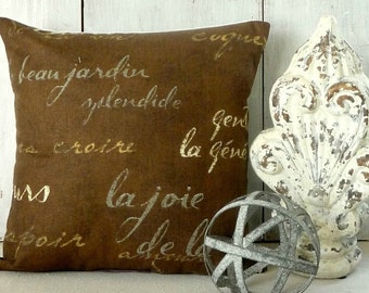 French Script Pillow Cover - Chocolate Brown Pillow Cover - French Writing Pillow - Paris Pillow - Industrial