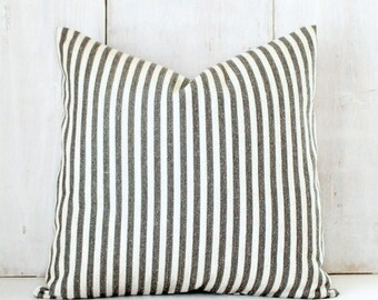 Black Farmhouse Pillow Cover - Striped Throw Pillow - Vintage Look Cottage Rustic Decor
