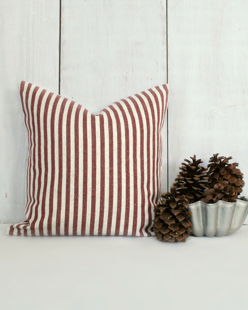 Red Striped Farmhouse Throw Pillow Cover. Rustic Cream and Red Etsy