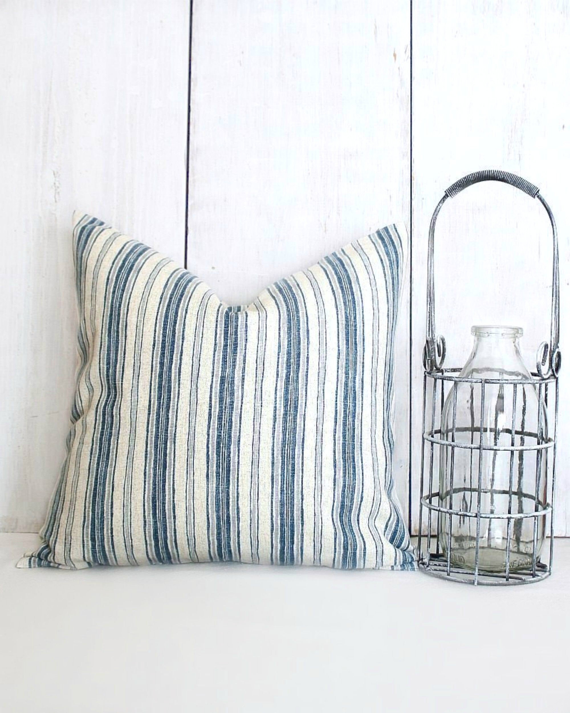 Blue Stripe Pillow Cover - Denim Blue, Beige and Gray Throw Pillow - …
