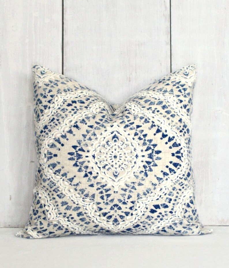 Navy and Tan Pillow Cover. Beige Blue and Ivory Medallion Etsy